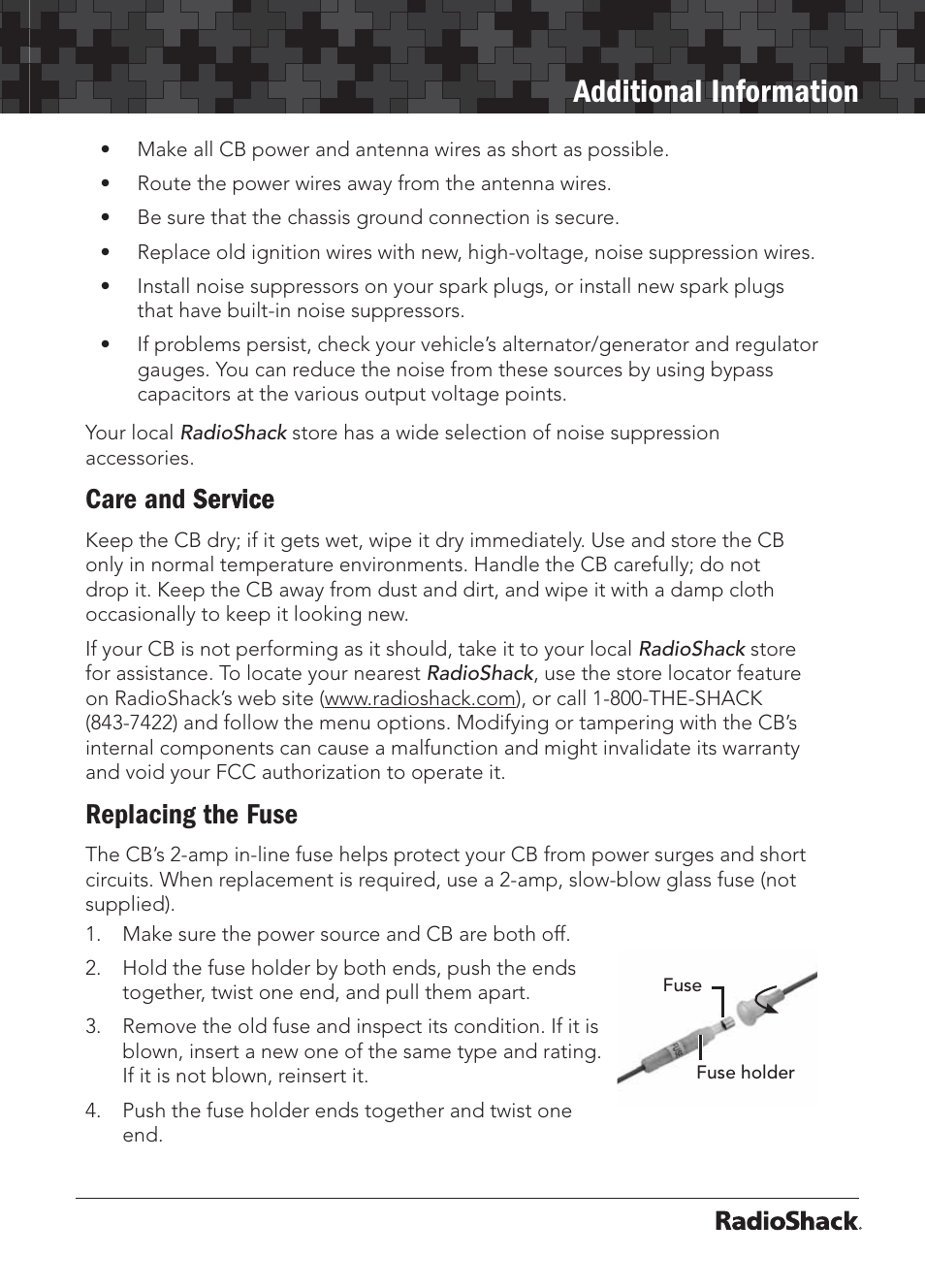 Additional information, Care and service service, Replacing the fuse | Radio Shack 21-1703 A User Manual | Page 13 / 16