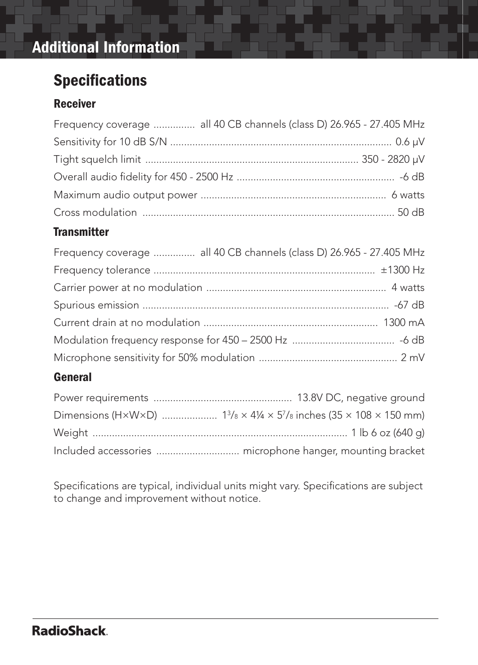 Additional information speciﬁcations, Receiver, Transmitter | General | Radio Shack 21-1703 A User Manual | Page 14 / 16