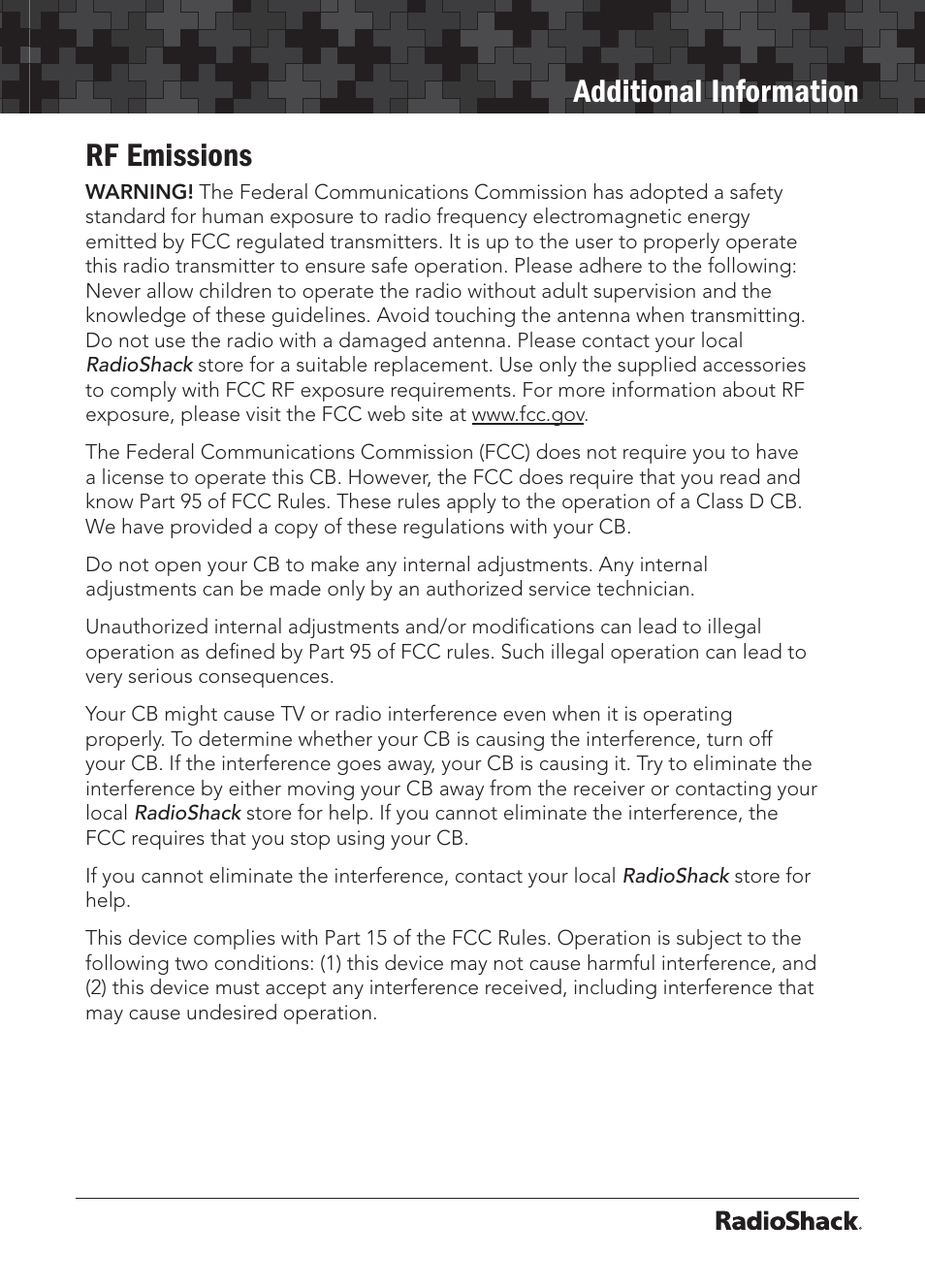 Additional information rf emissions | Radio Shack 21-1703 A User Manual | Page 15 / 16