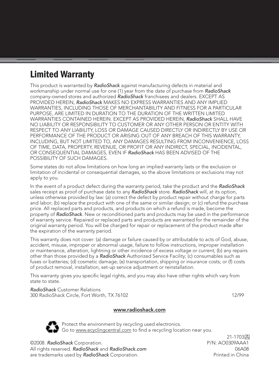 Limited warranty | Radio Shack 21-1703 A User Manual | Page 16 / 16