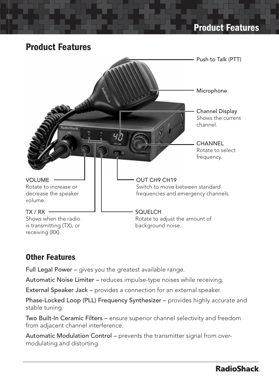 Product features, Other features | Radio Shack 21-1703 A User Manual | Page 3 / 16