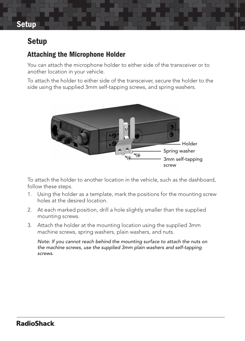 Setup, Attaching the microphone holder | Radio Shack 21-1703 A User Manual | Page 4 / 16