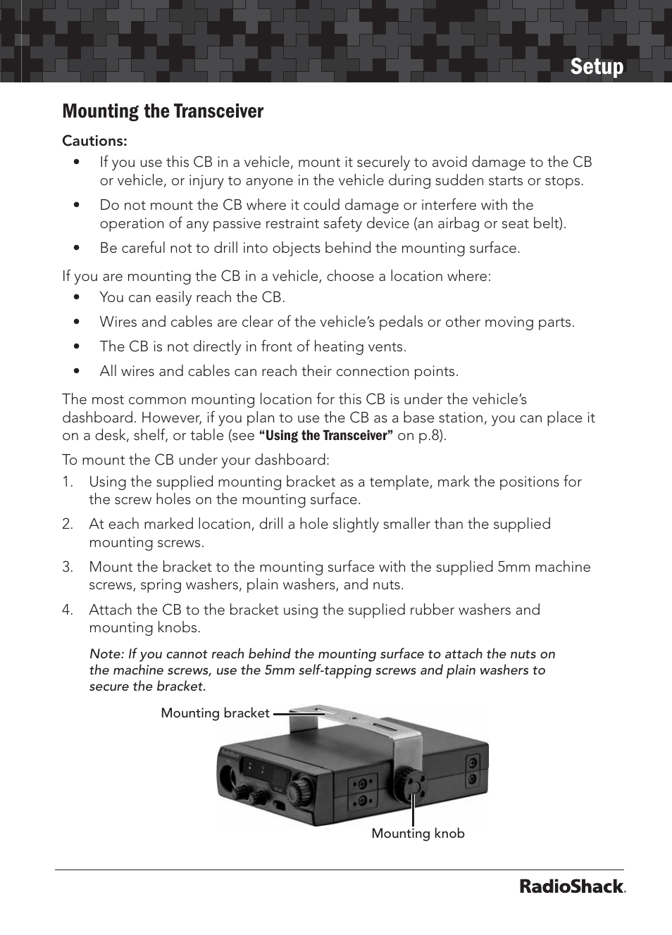 Setup, Mounting the transceiver | Radio Shack 21-1703 A User Manual | Page 5 / 16
