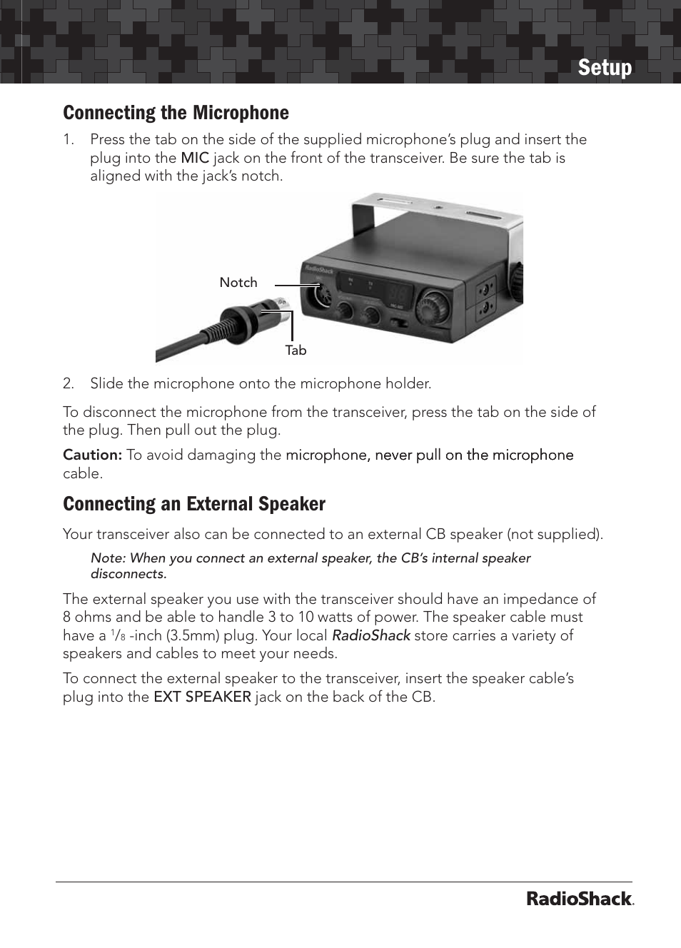 Setup, Connecting the microphone, Connecting an external speaker | Radio Shack 21-1703 A User Manual | Page 7 / 16