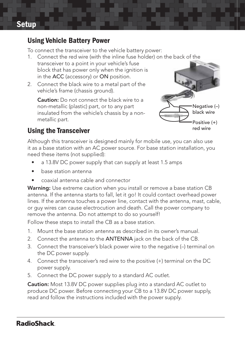 Setup, Using vehicle battery power, Using the transceiver | Radio Shack 21-1703 A User Manual | Page 8 / 16