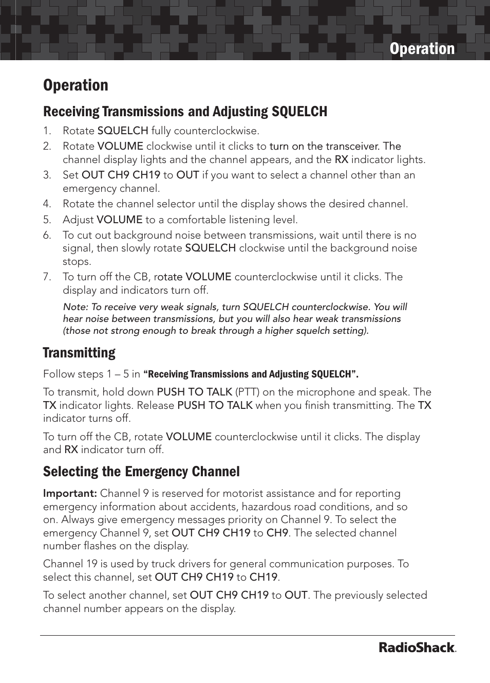 Operation, Receiving transmissions and adjusting squelch, Transmitting | Selecting the emergency channel | Radio Shack 21-1703 A User Manual | Page 9 / 16