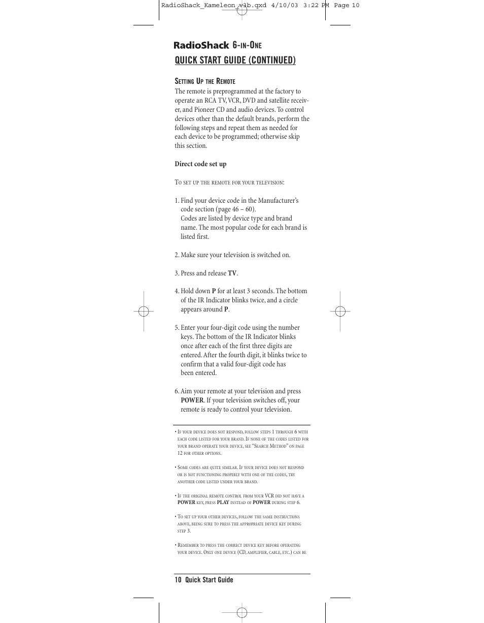 Quick start guide (continued) | Radio Shack 6-IN-ONE TOUCHSCREEN REMOTE User Manual | Page 10 / 62