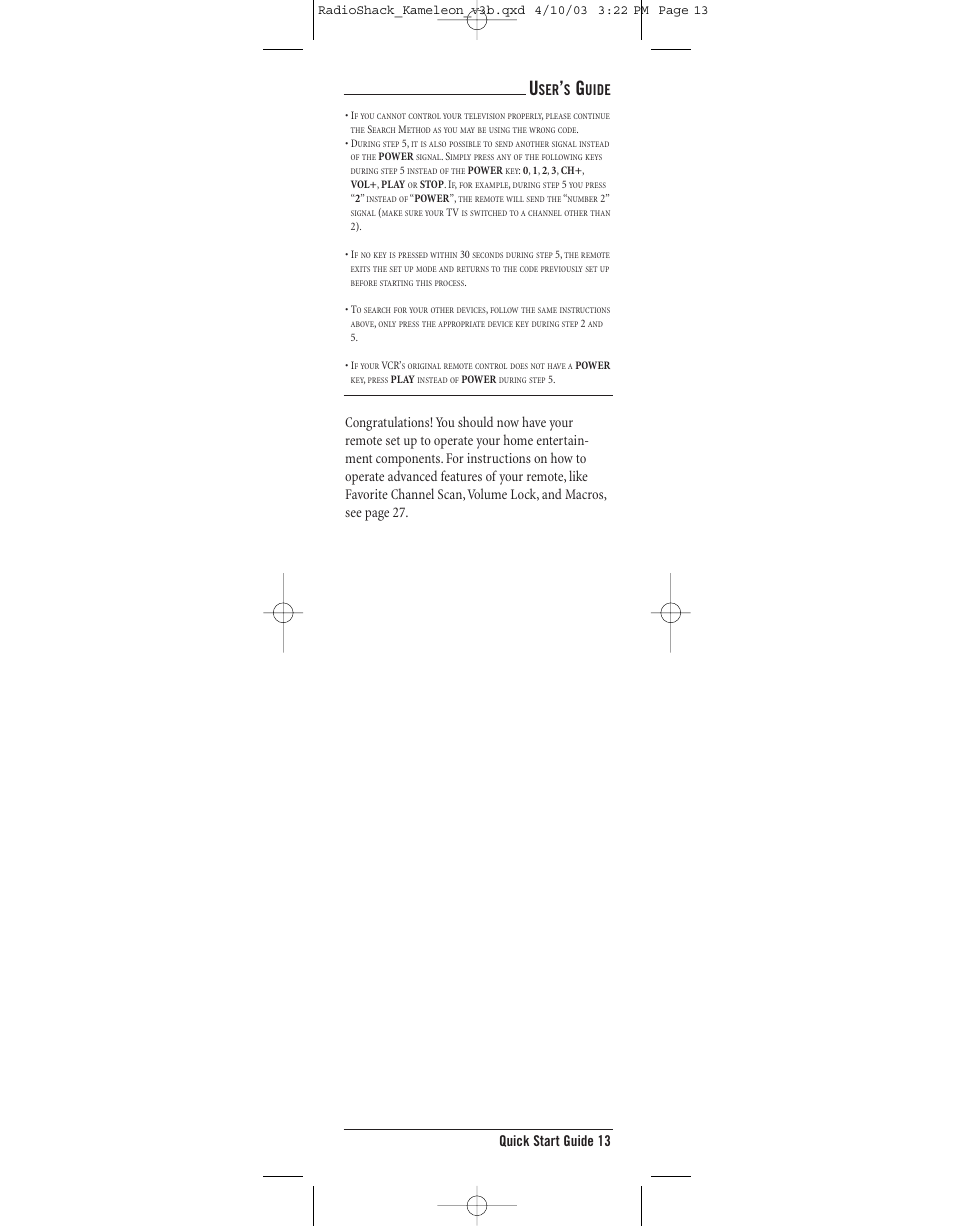 Quick start guide 13, Uide | Radio Shack 6-IN-ONE TOUCHSCREEN REMOTE User Manual | Page 13 / 62