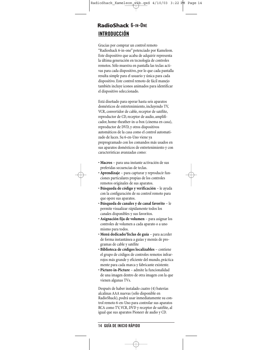 Introducción | Radio Shack 6-IN-ONE TOUCHSCREEN REMOTE User Manual | Page 14 / 62