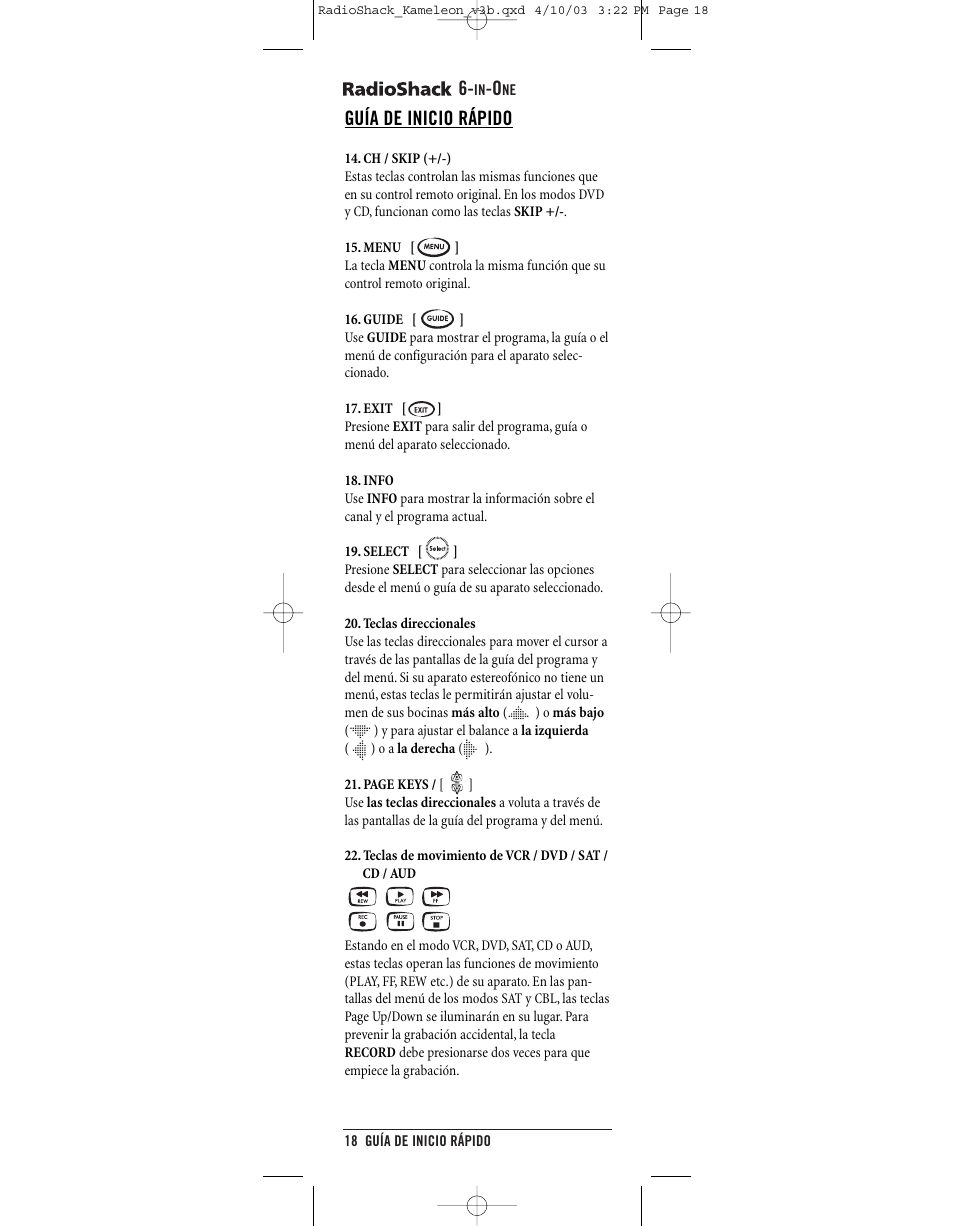 Guía de inicio rápido | Radio Shack 6-IN-ONE TOUCHSCREEN REMOTE User Manual | Page 18 / 62