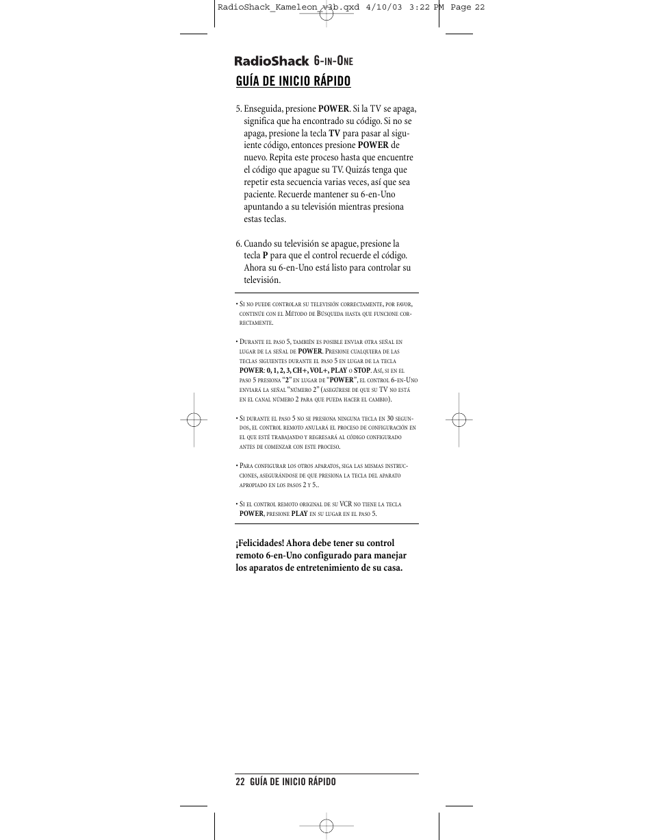 Guía de inicio rápido, 22 guía de inicio rápido | Radio Shack 6-IN-ONE TOUCHSCREEN REMOTE User Manual | Page 22 / 62
