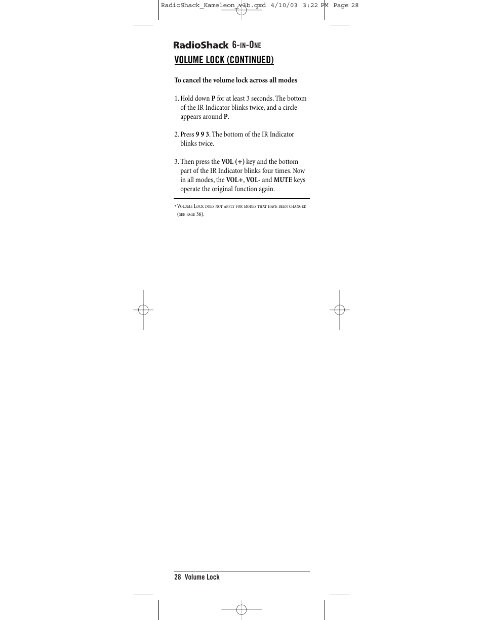 Volume lock (continued) | Radio Shack 6-IN-ONE TOUCHSCREEN REMOTE User Manual | Page 28 / 62