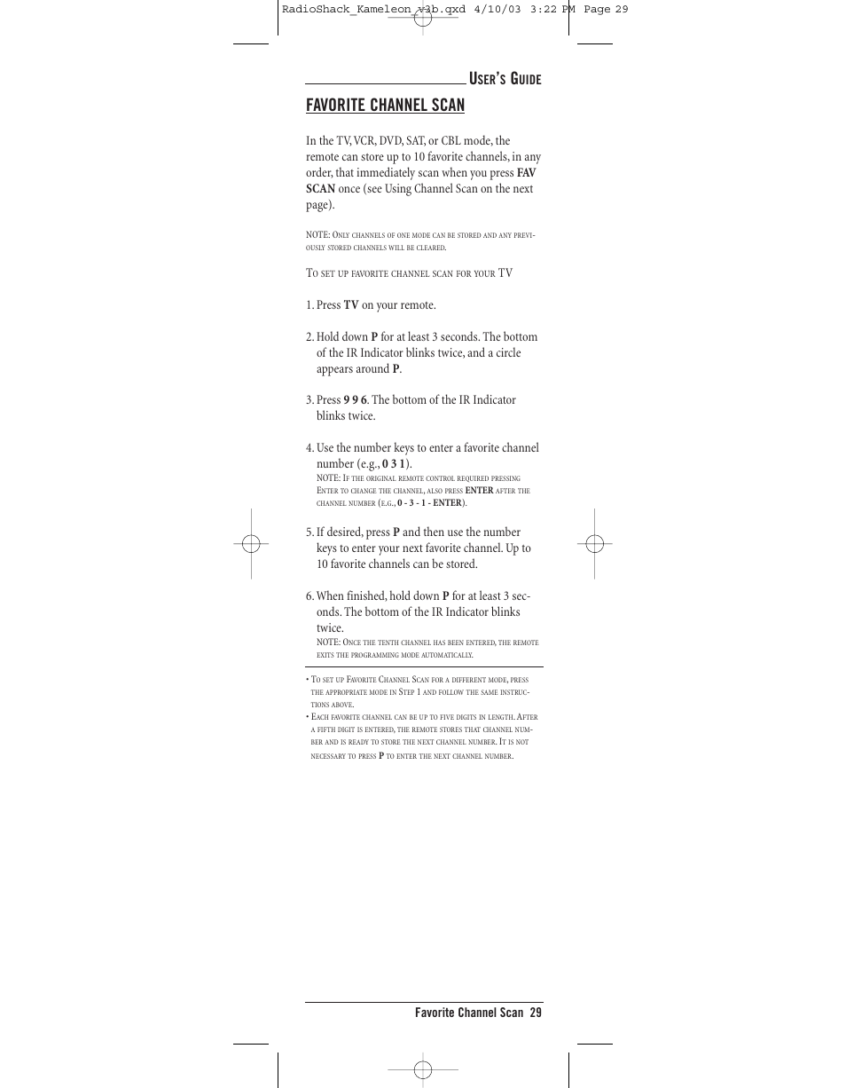 Favorite channel scan | Radio Shack 6-IN-ONE TOUCHSCREEN REMOTE User Manual | Page 29 / 62