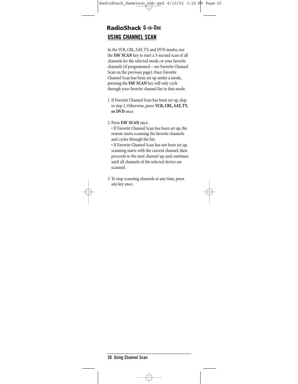 Using channel scan | Radio Shack 6-IN-ONE TOUCHSCREEN REMOTE User Manual | Page 30 / 62