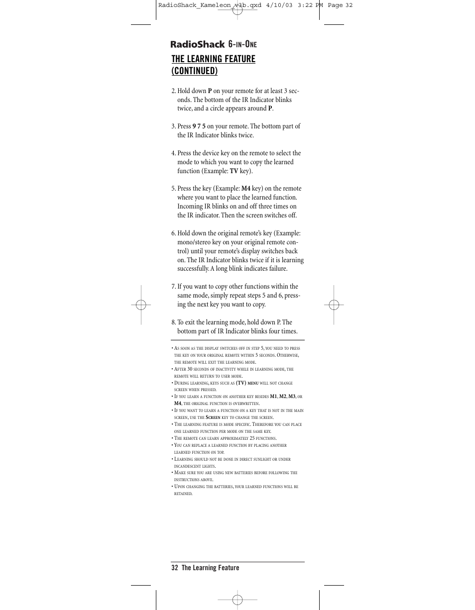 The learning feature (continued) | Radio Shack 6-IN-ONE TOUCHSCREEN REMOTE User Manual | Page 32 / 62