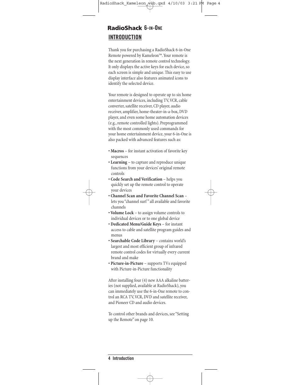 Introduction | Radio Shack 6-IN-ONE TOUCHSCREEN REMOTE User Manual | Page 4 / 62
