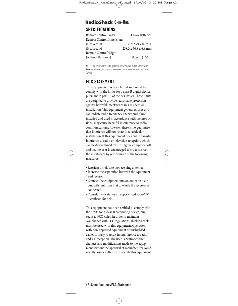 Specifications, Fcc statement | Radio Shack 6-IN-ONE TOUCHSCREEN REMOTE User Manual | Page 42 / 62