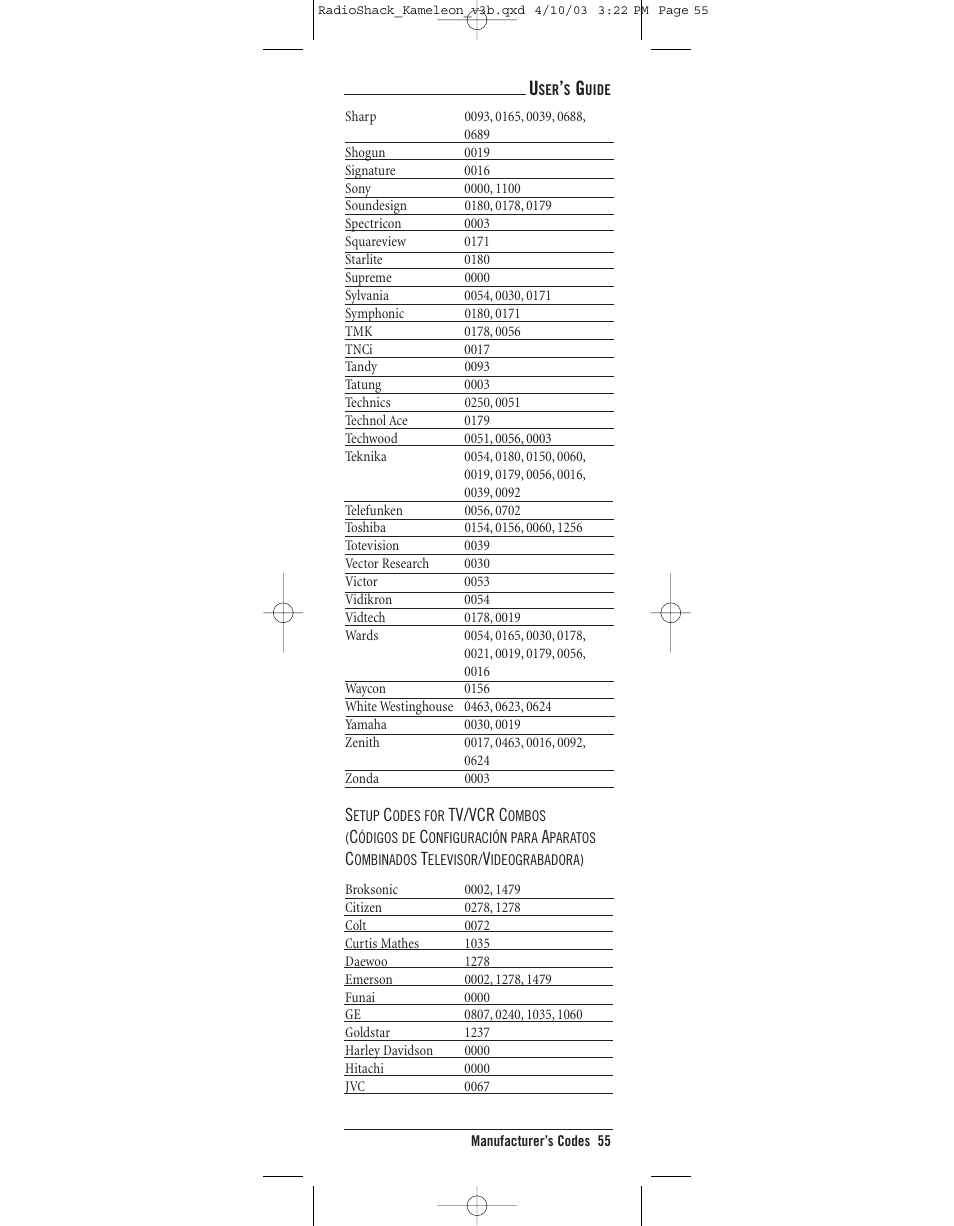 Tv/vcr c | Radio Shack 6-IN-ONE TOUCHSCREEN REMOTE User Manual | Page 55 / 62