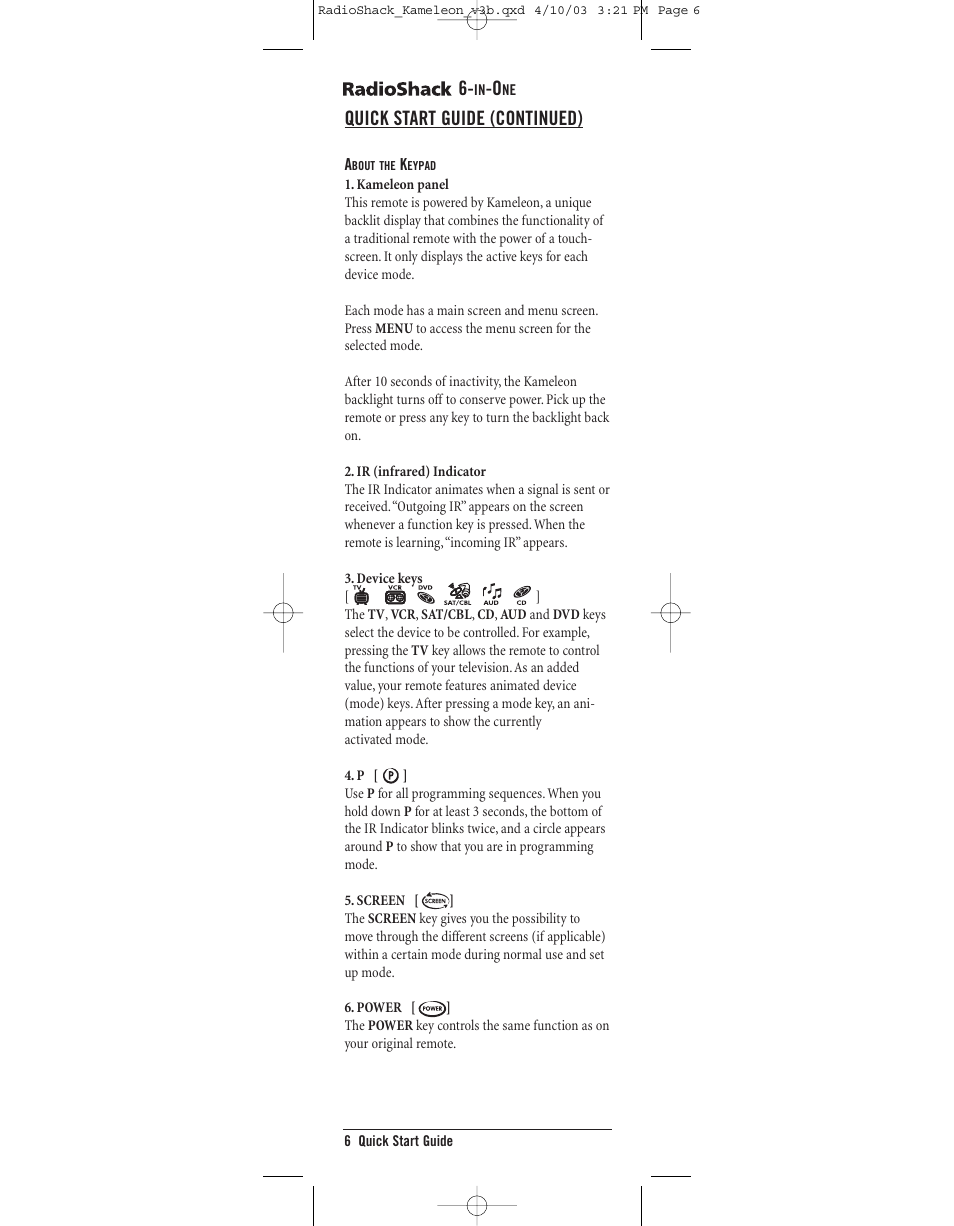 Quick start guide (continued) | Radio Shack 6-IN-ONE TOUCHSCREEN REMOTE User Manual | Page 6 / 62