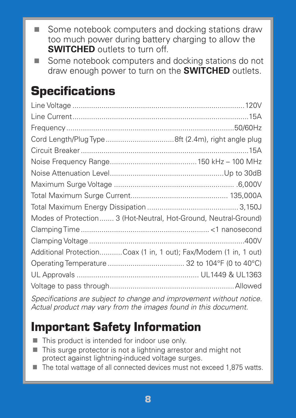 Specifications, Important safety information | Radio Shack Auvio 61-189 User Manual | Page 8 / 12