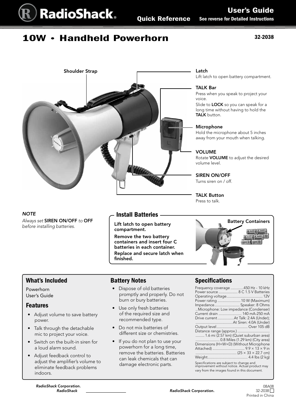 Radio Shack 32-2038 User Manual | 2 pages
