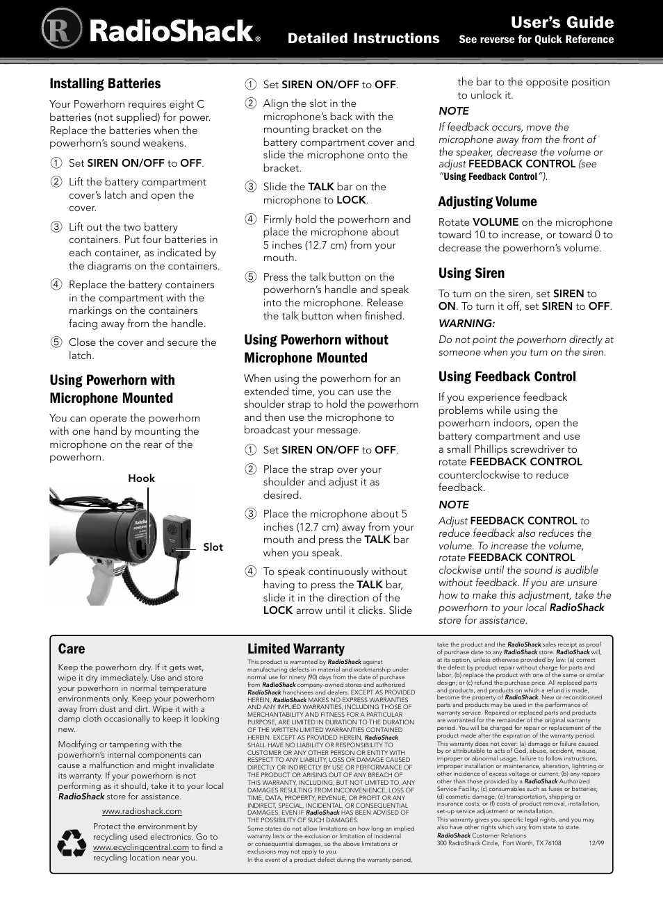 User’s guide, Detailed instructions installing batteries, Using powerhorn with microphone mounted | Using powerhorn without microphone mounted, Adjusting volume, Using siren, Using feedback control, Care, Limited warranty | Radio Shack 32-2038 User Manual | Page 2 / 2