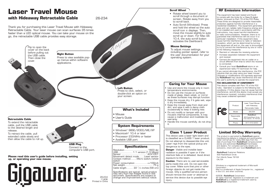 Radio Shack 26-234 User Manual | 1 page