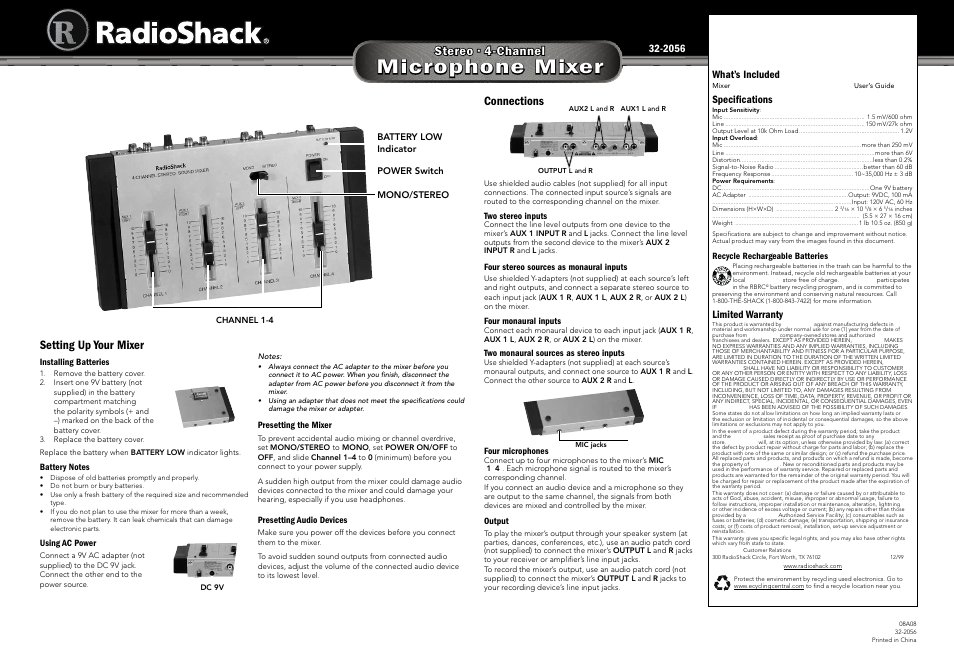 Radio Shack 32-2056 User Manual | 2 pages