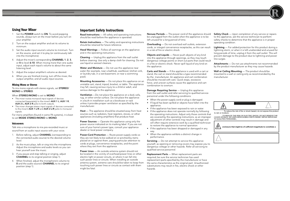 Using your mixer, Important safety instructions | Radio Shack 32-2056 User Manual | Page 2 / 2