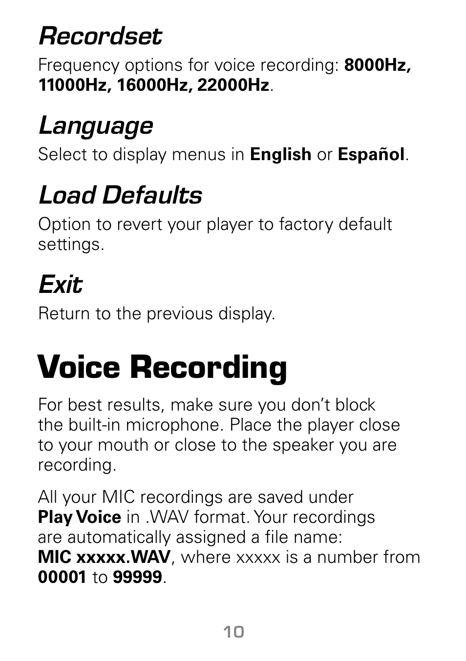 Voice recording, Recordset, Language | Load defaults, Exit | Radio Shack Gigaware 42-541 User Manual | Page 10 / 18