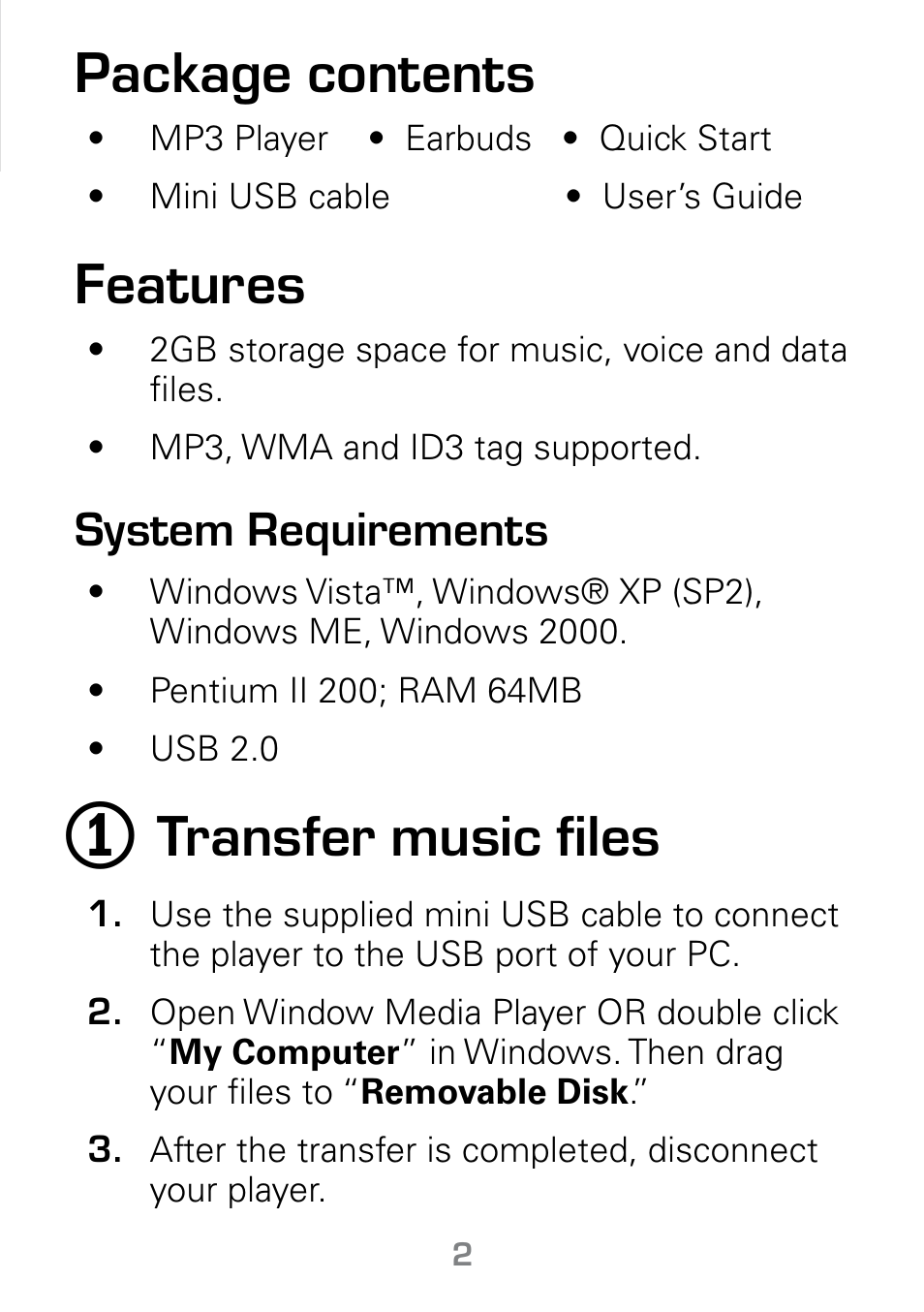 Package contents, Features, Transfer music files | System requirements | Radio Shack Gigaware 42-541 User Manual | Page 2 / 18