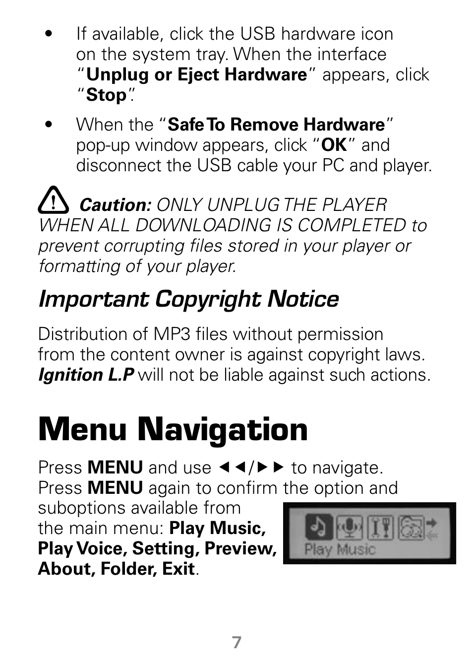 Menu navigation, Important copyright notice | Radio Shack Gigaware 42-541 User Manual | Page 7 / 18