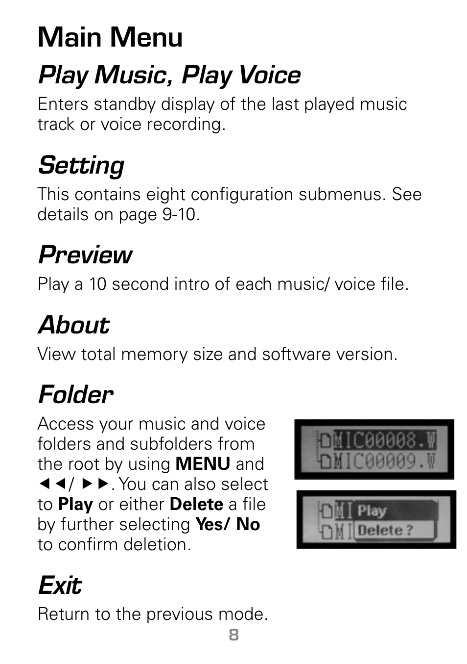 Main menu, Play music, play voice, Setting | Preview, About, Folder, Exit | Radio Shack Gigaware 42-541 User Manual | Page 8 / 18