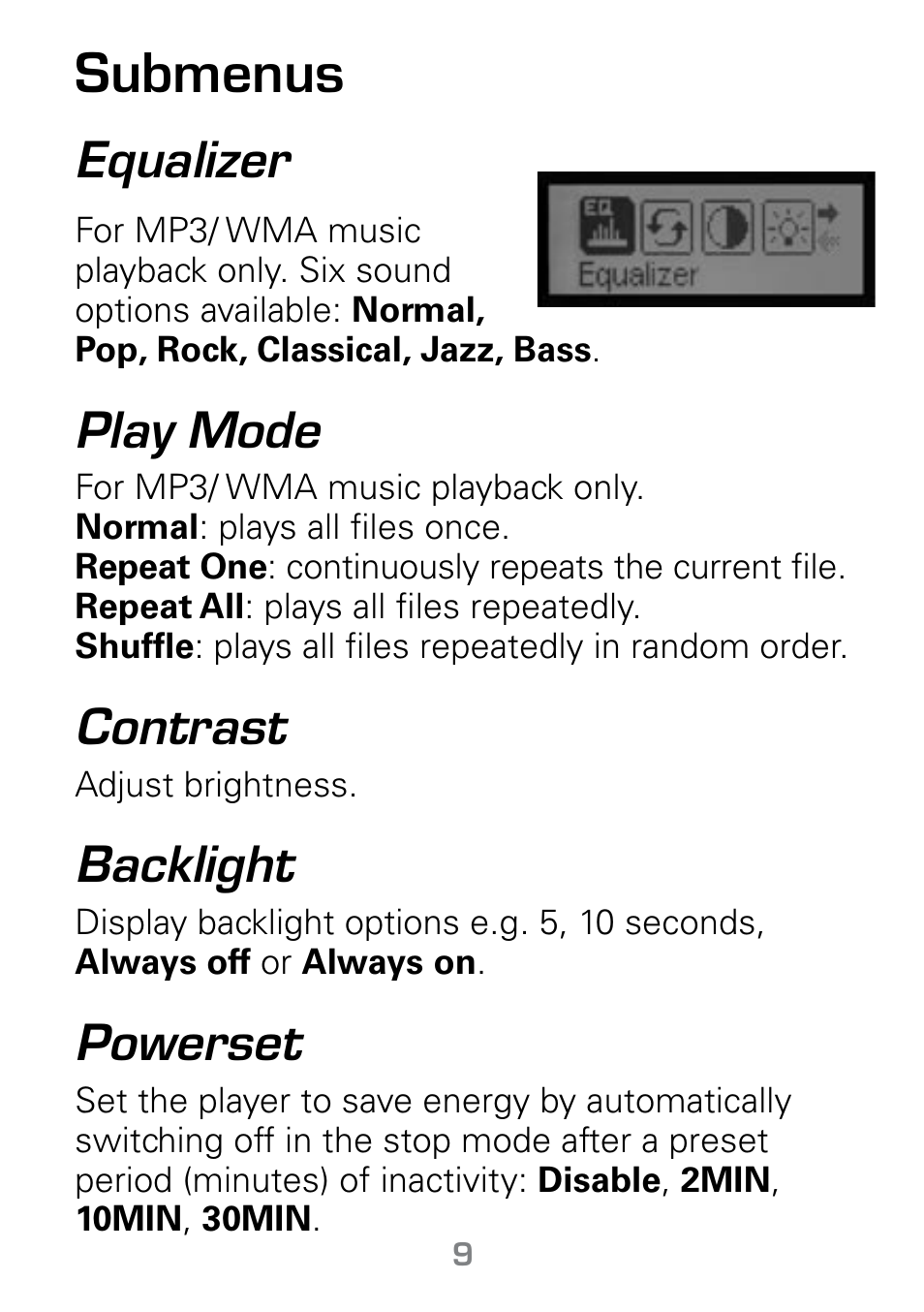 Submenus, Equalizer, Play mode | Contrast, Backlight, Powerset | Radio Shack Gigaware 42-541 User Manual | Page 9 / 18
