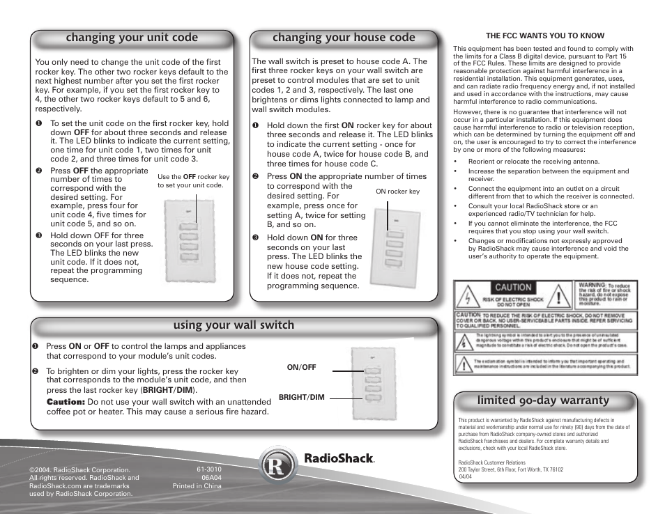 Changing your unit code limited 90-day warranty, Using your wall switch, Changing your house code | Radio Shack 61-3010 User Manual | Page 2 / 2