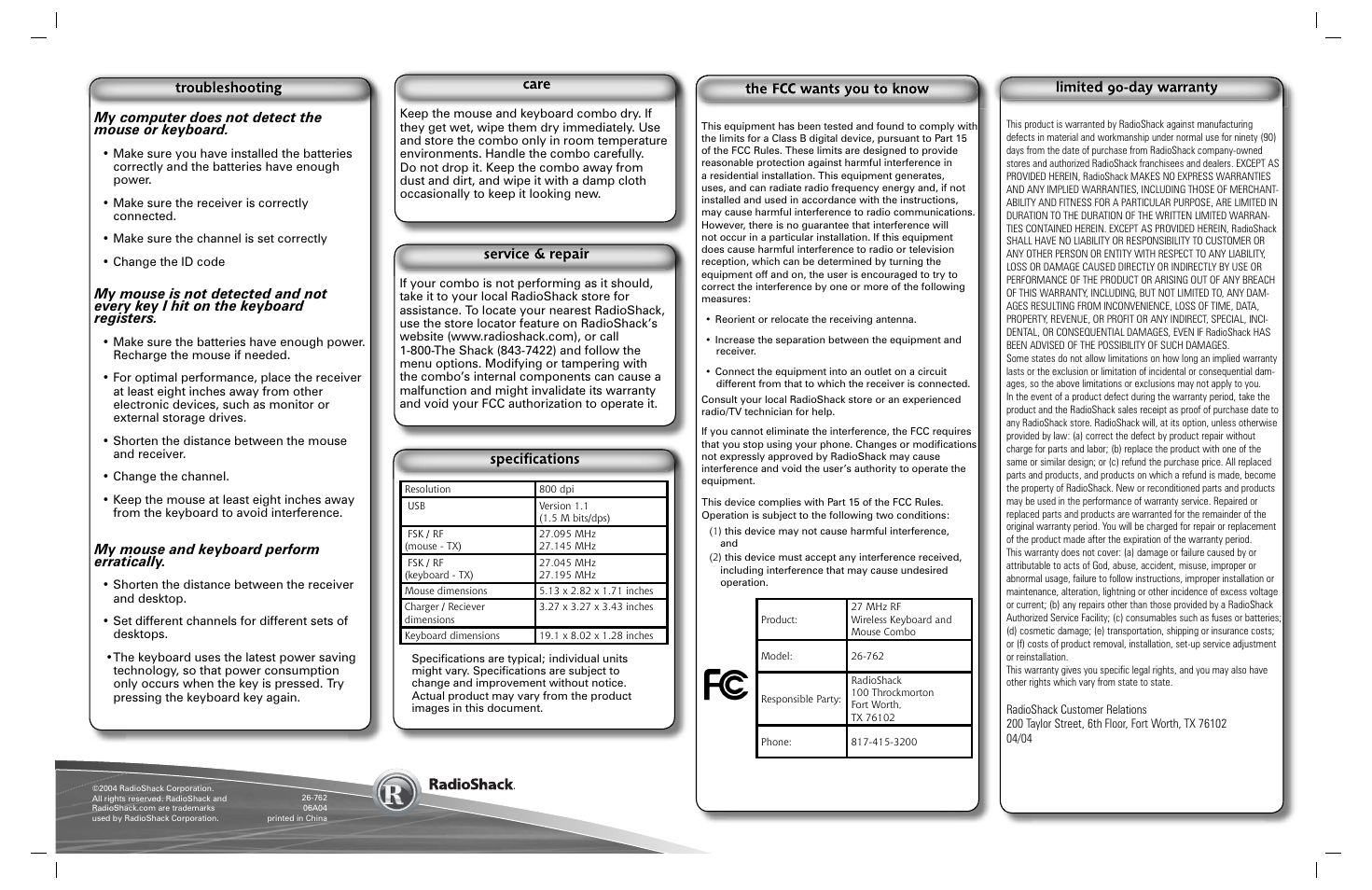 My computer does not detect the mouse or keyboard, My mouse and keyboard perform erratically | Radio Shack 26-762 User Manual | Page 2 / 2