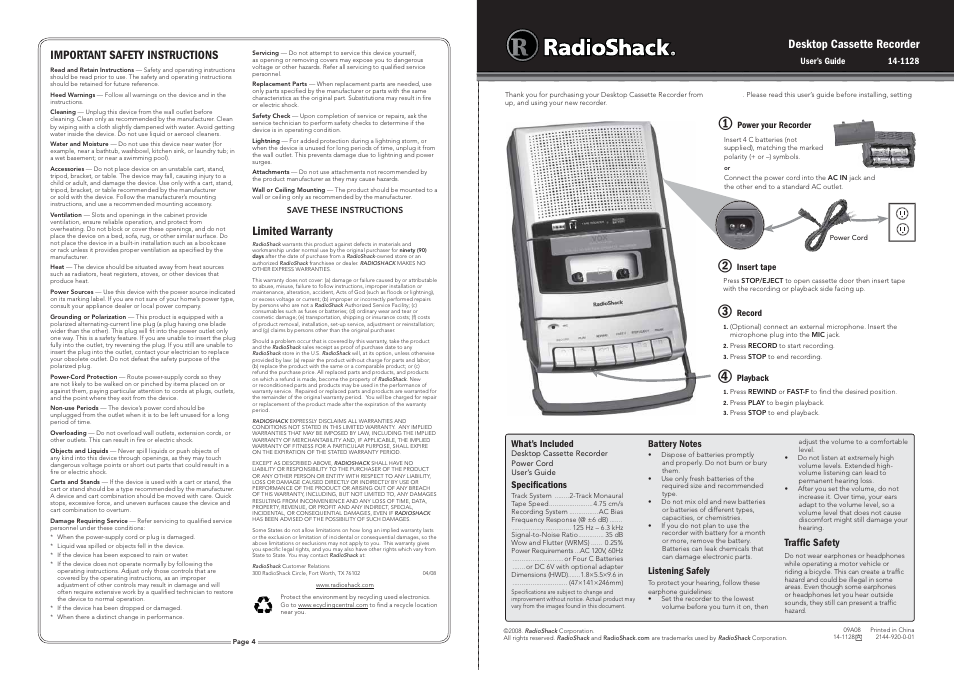 Desktop cassette recorder, Important safety instructions, Limited warranty | Radio Shack 14-1128 User Manual | Page 2 / 2
