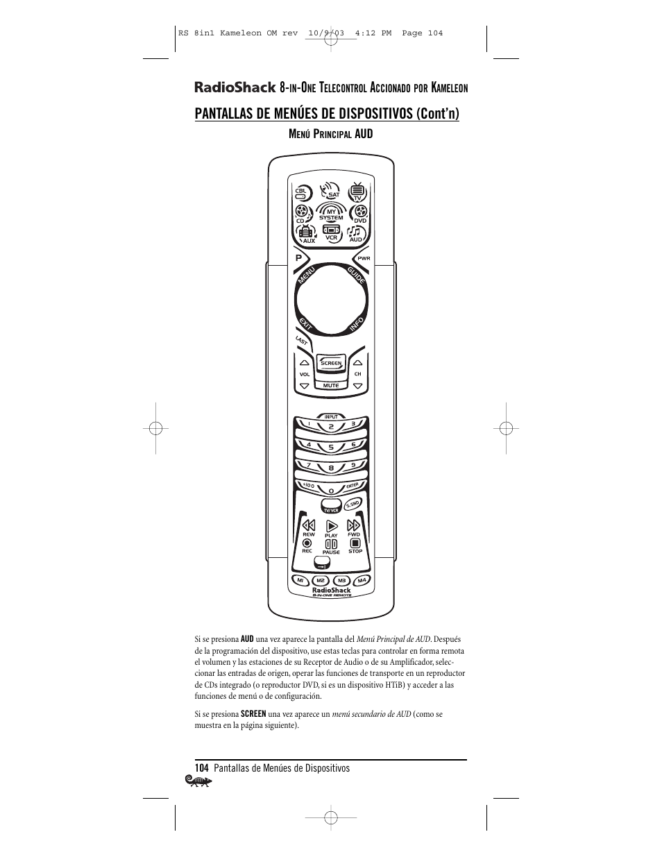 Pantallas de menúes de dispositivos (cont’n) | Radio Shack Univer 15-2138 User Manual | Page 104 / 132