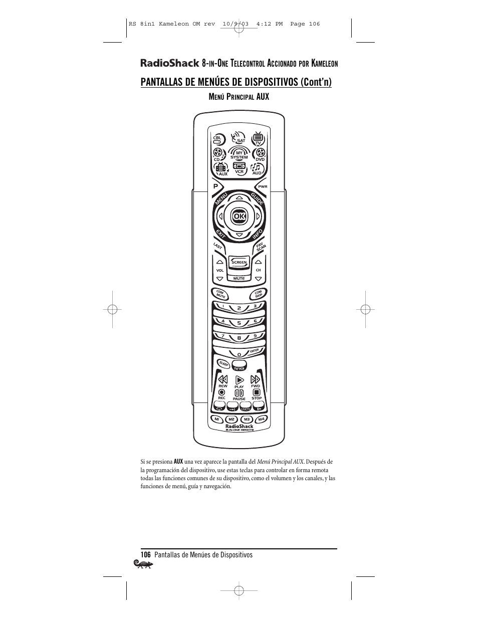 Pantallas de menúes de dispositivos (cont’n) | Radio Shack Univer 15-2138 User Manual | Page 106 / 132