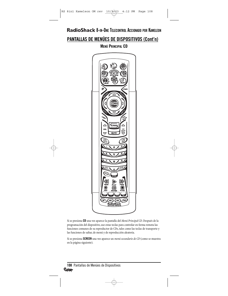Pantallas de menúes de dispositivos (cont’n) | Radio Shack Univer 15-2138 User Manual | Page 108 / 132