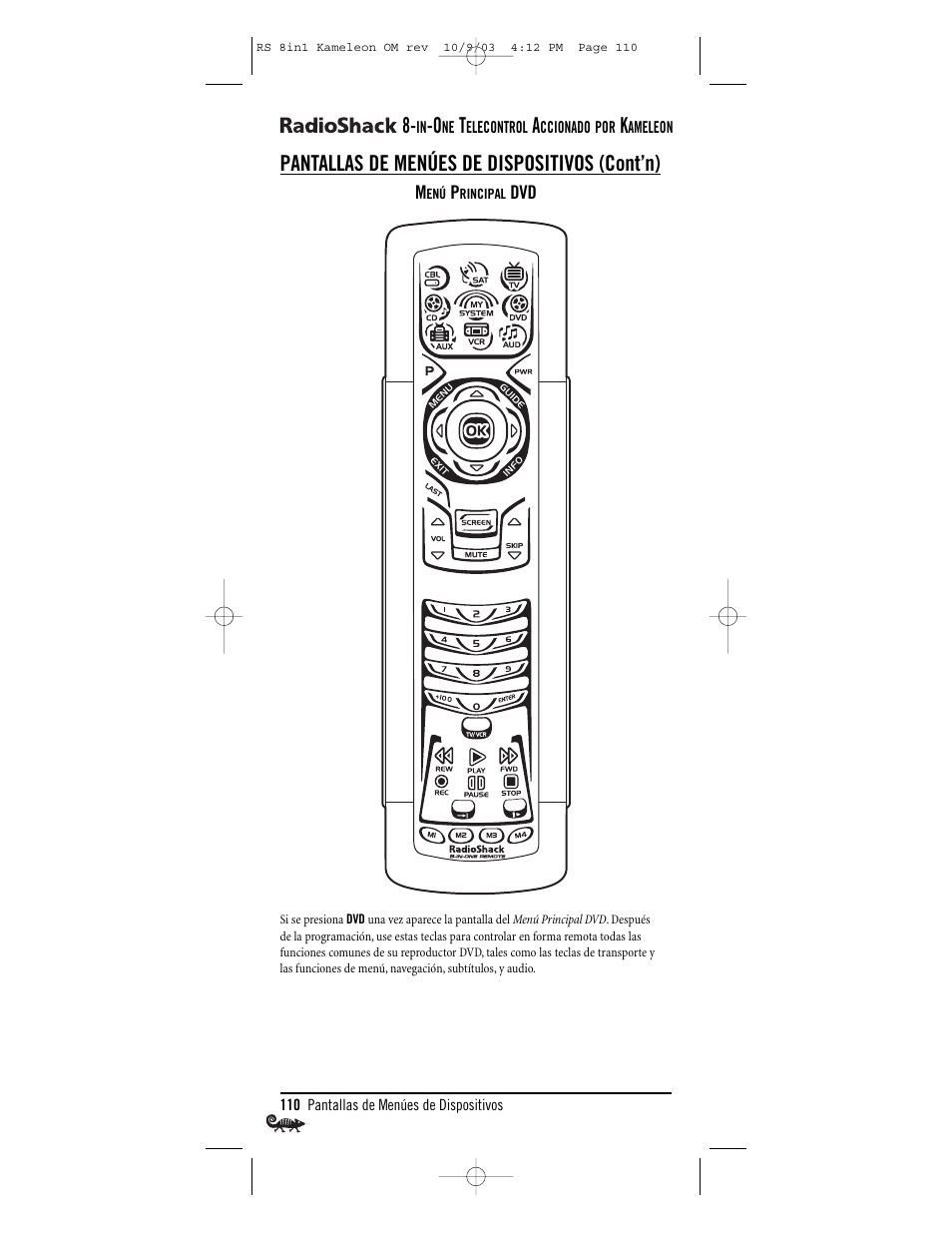 Pantallas de menúes de dispositivos (cont’n) | Radio Shack Univer 15-2138 User Manual | Page 110 / 132