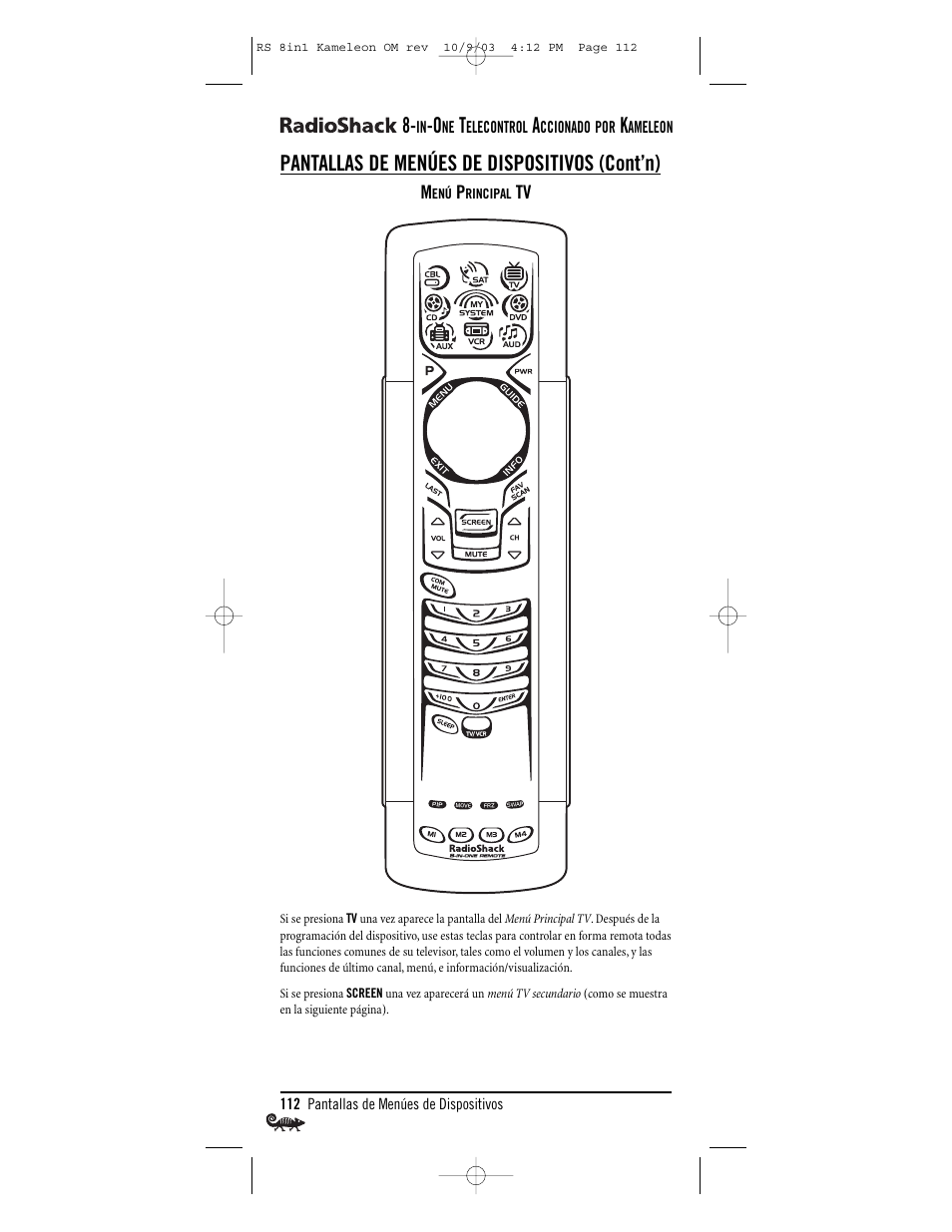 Pantallas de menúes de dispositivos (cont’n) | Radio Shack Univer 15-2138 User Manual | Page 112 / 132