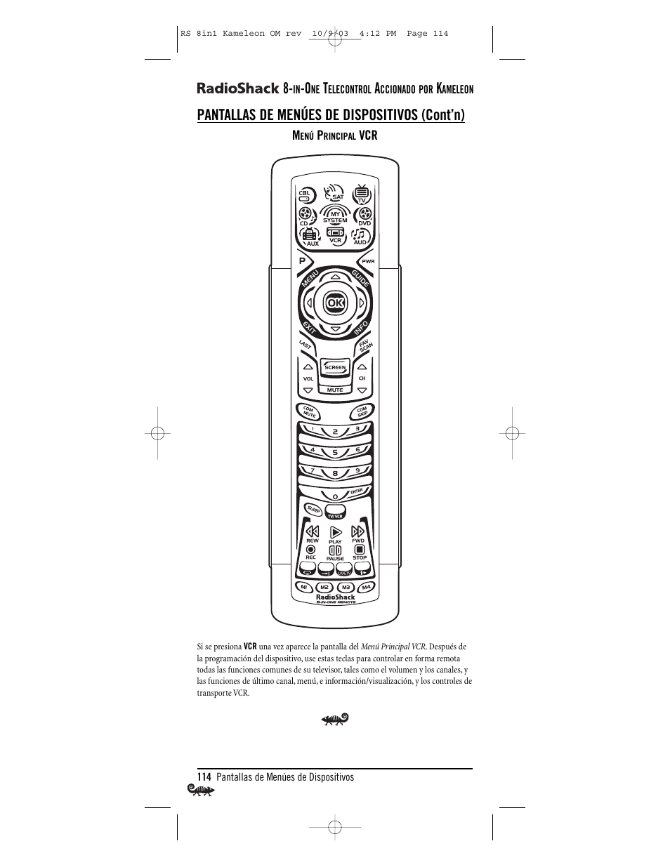 Pantallas de menúes de dispositivos (cont’n) | Radio Shack Univer 15-2138 User Manual | Page 114 / 132