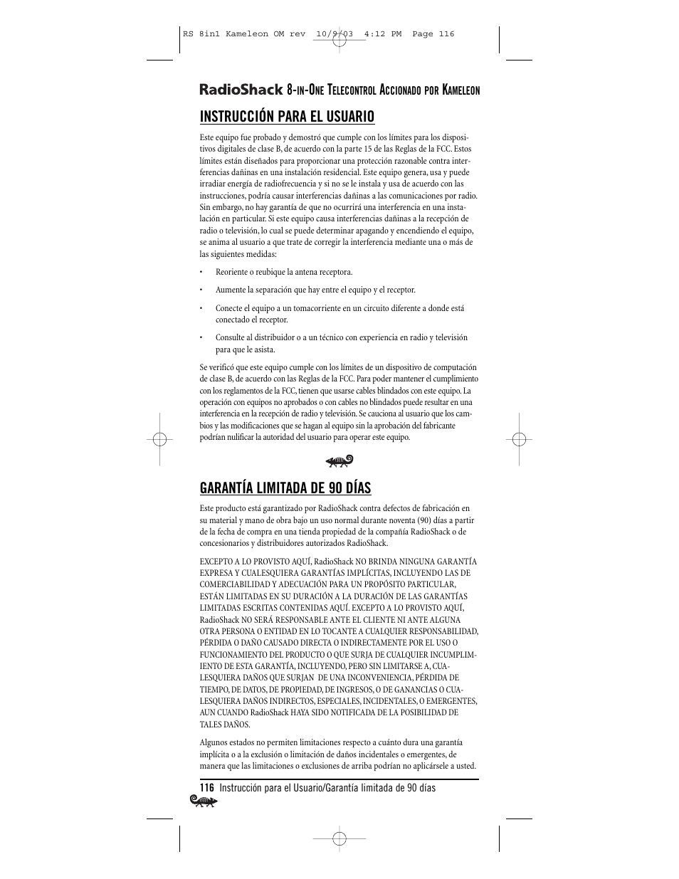 Instrucción para el usuario, Garantía limitada de 90 días | Radio Shack Univer 15-2138 User Manual | Page 116 / 132