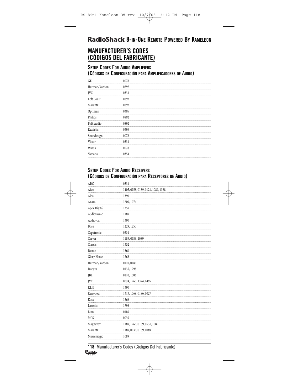 Manufacturer’s codes (códigos del fabricante) | Radio Shack Univer 15-2138 User Manual | Page 118 / 132