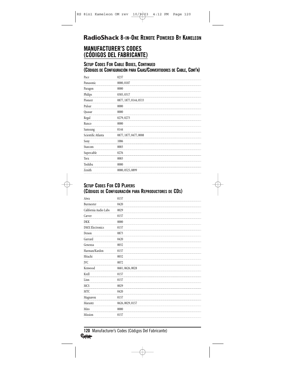 Manufacturer’s codes (códigos del fabricante), Cd p | Radio Shack Univer 15-2138 User Manual | Page 120 / 132