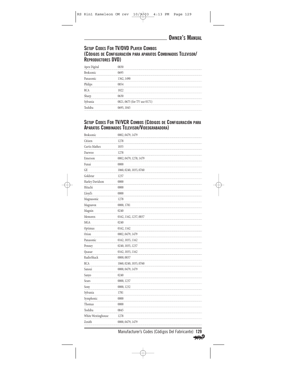 Tv/dvd p, Dvd), Tv/vcr c | Radio Shack Univer 15-2138 User Manual | Page 129 / 132