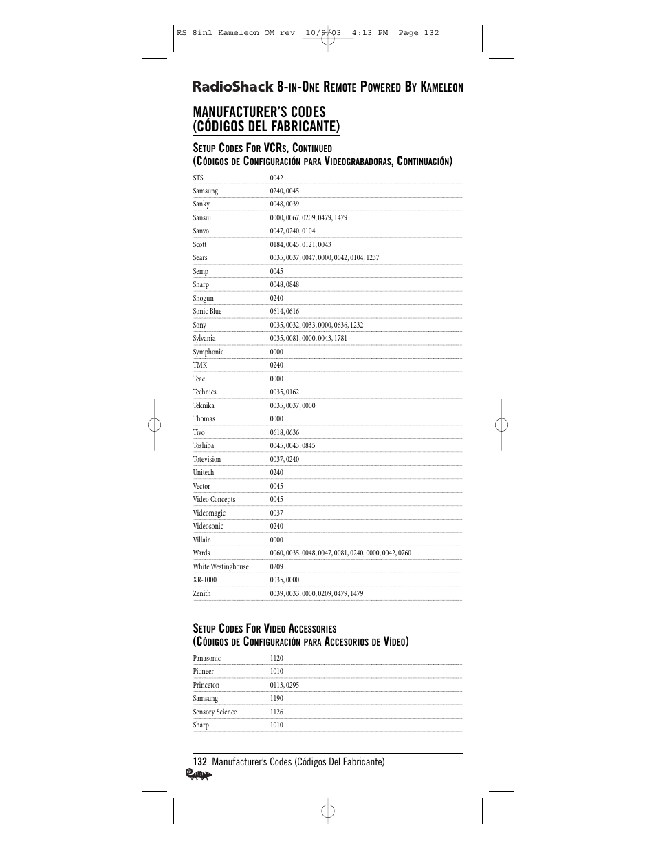 Manufacturer’s codes (códigos del fabricante) | Radio Shack Univer 15-2138 User Manual | Page 132 / 132