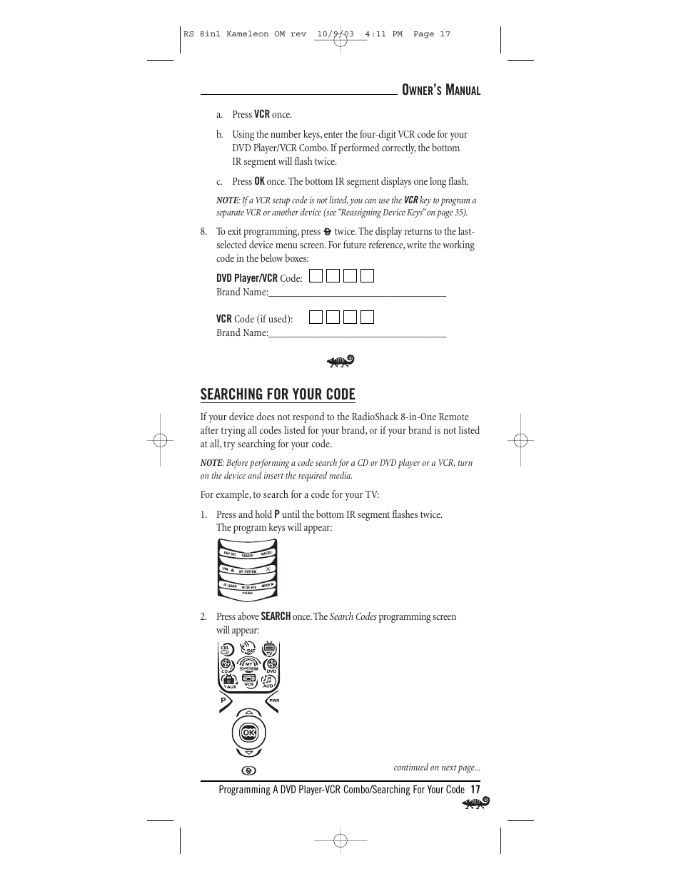 Searching for your code | Radio Shack Univer 15-2138 User Manual | Page 17 / 132