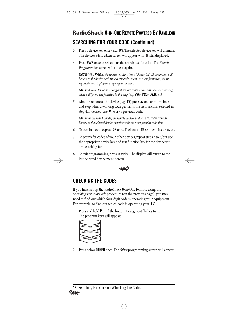 Searching for your code (continued), Checking the codes | Radio Shack Univer 15-2138 User Manual | Page 18 / 132